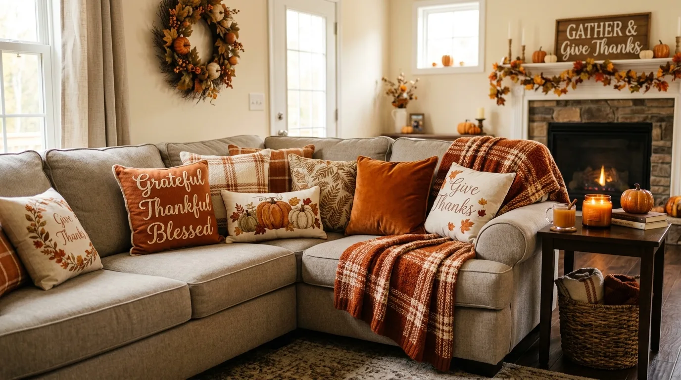 Cozy sofa with Thanksgiving pillows and blanket